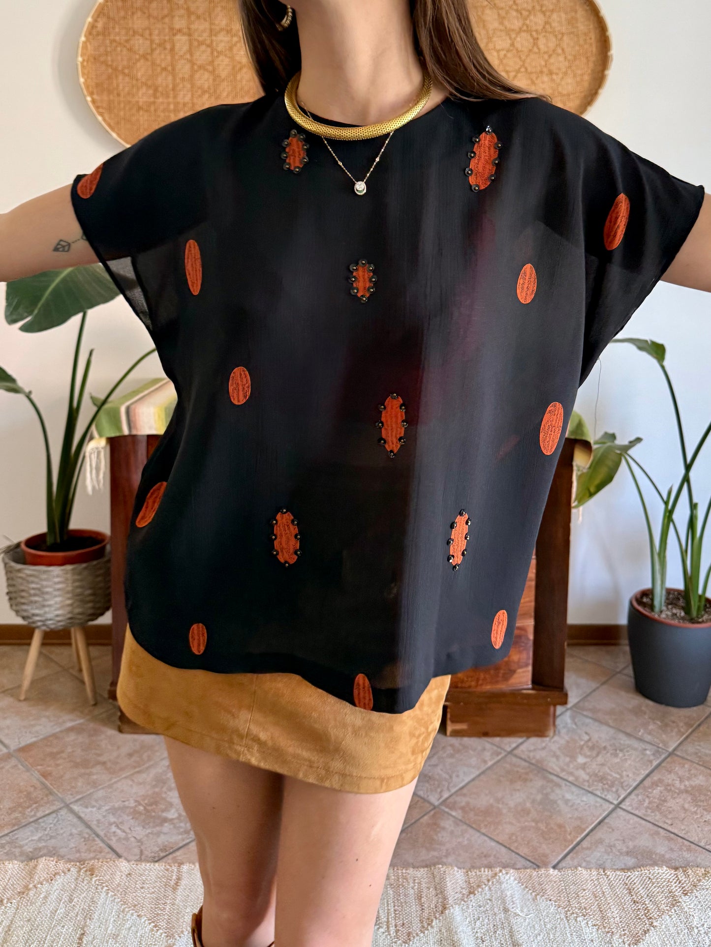1990's vintage sheer plack and orange polka dot blouse with sequin detailing