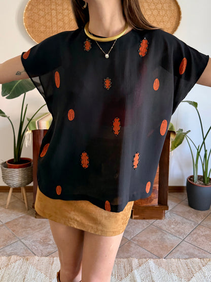 1990's vintage sheer plack and orange polka dot blouse with sequin detailing
