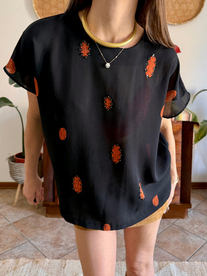 1990's vintage sheer plack and orange polka dot blouse with sequin detailing