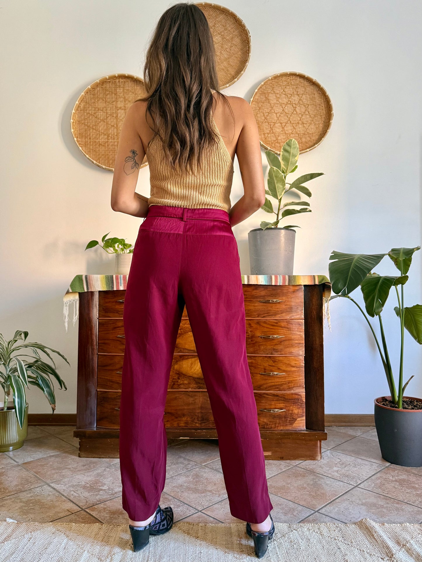 Burgundy Salvatore Ferragamo tailored trousers with satin detailing