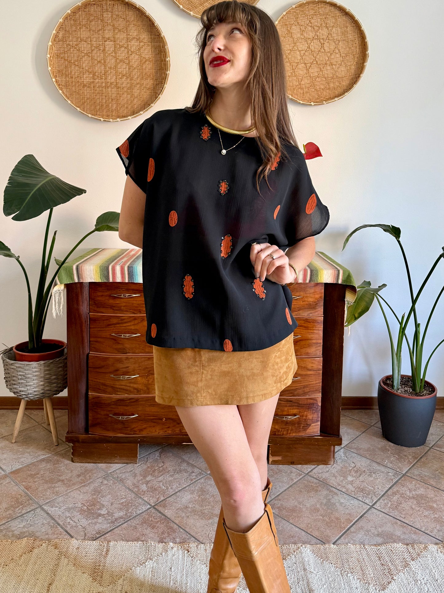 1990's vintage sheer plack and orange polka dot blouse with sequin detailing