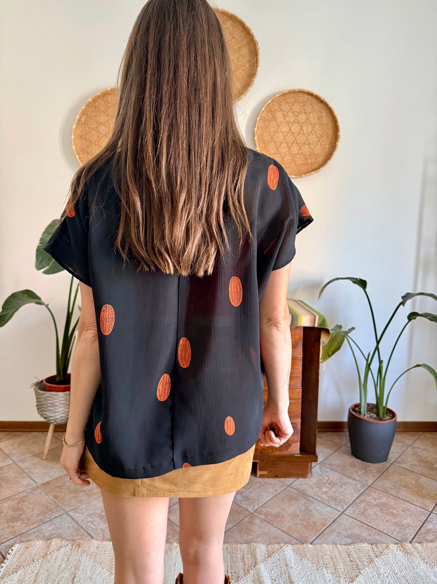 1990's vintage sheer plack and orange polka dot blouse with sequin detailing