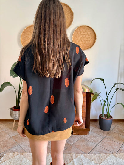 1990's vintage sheer plack and orange polka dot blouse with sequin detailing