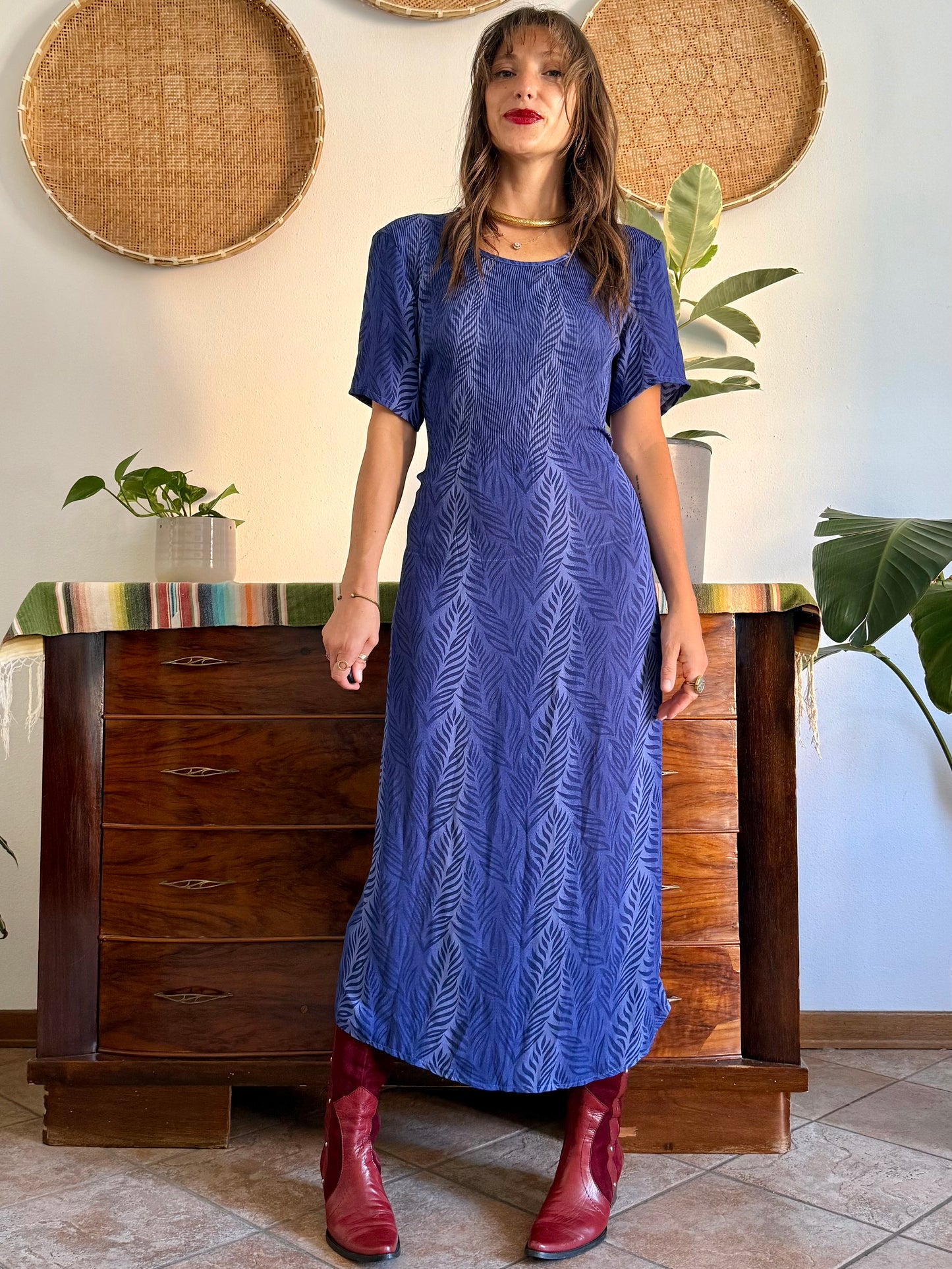 1990's vintage multi tonal blue animal print maxi dress
