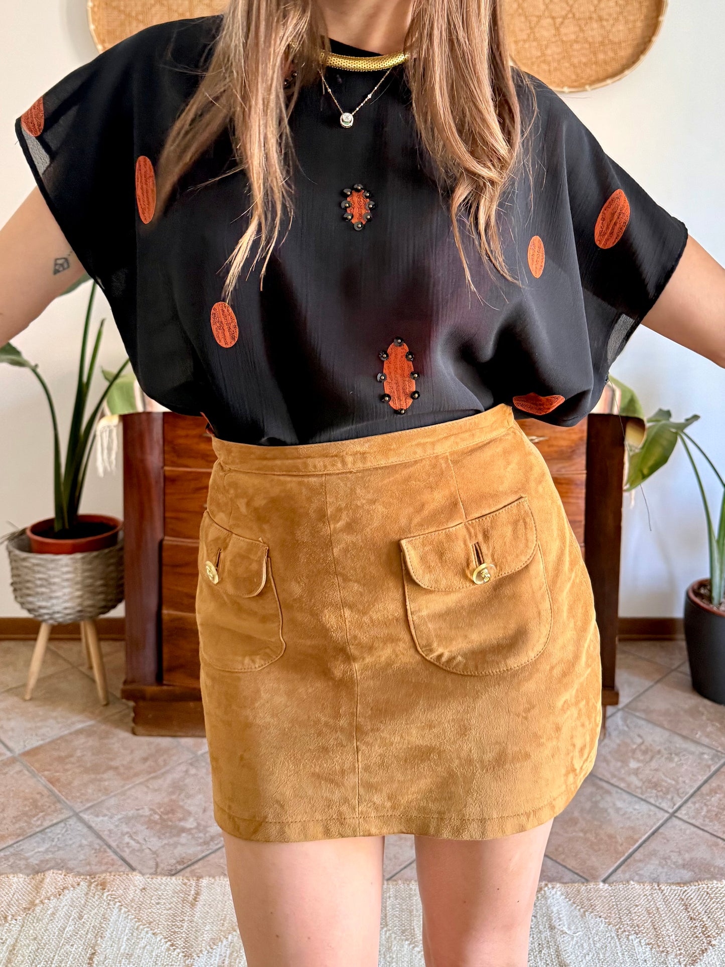 1990's vintage sheer plack and orange polka dot blouse with sequin detailing