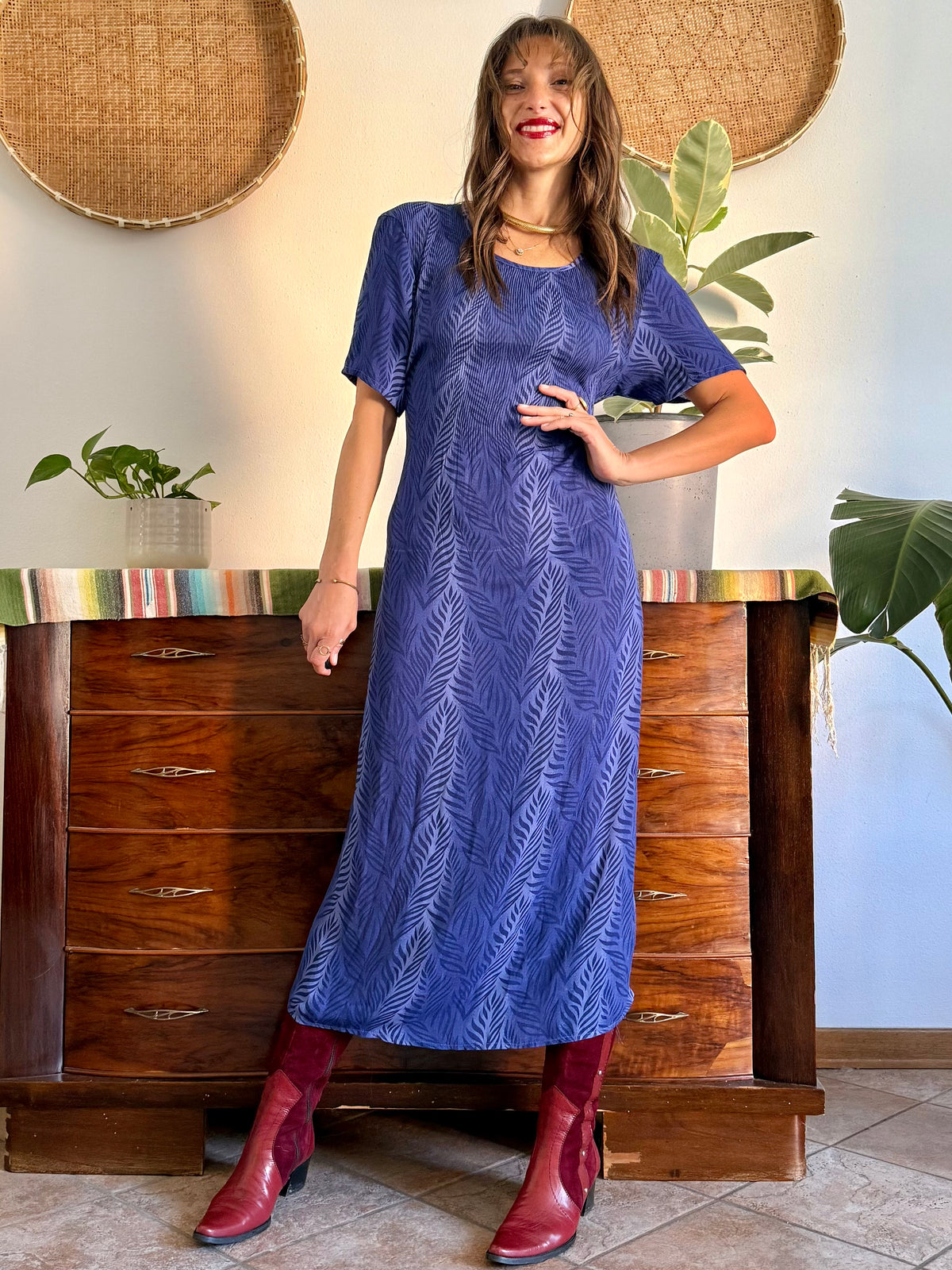 1990's vintage multi tonal blue animal print maxi dress