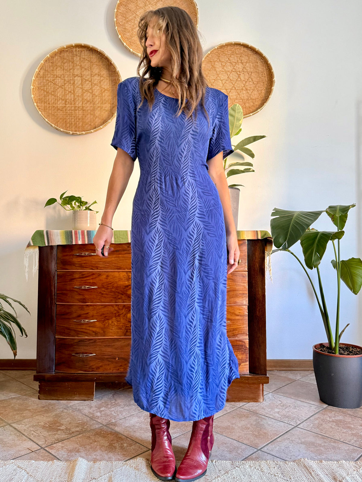 1990's vintage multi tonal blue animal print maxi dress