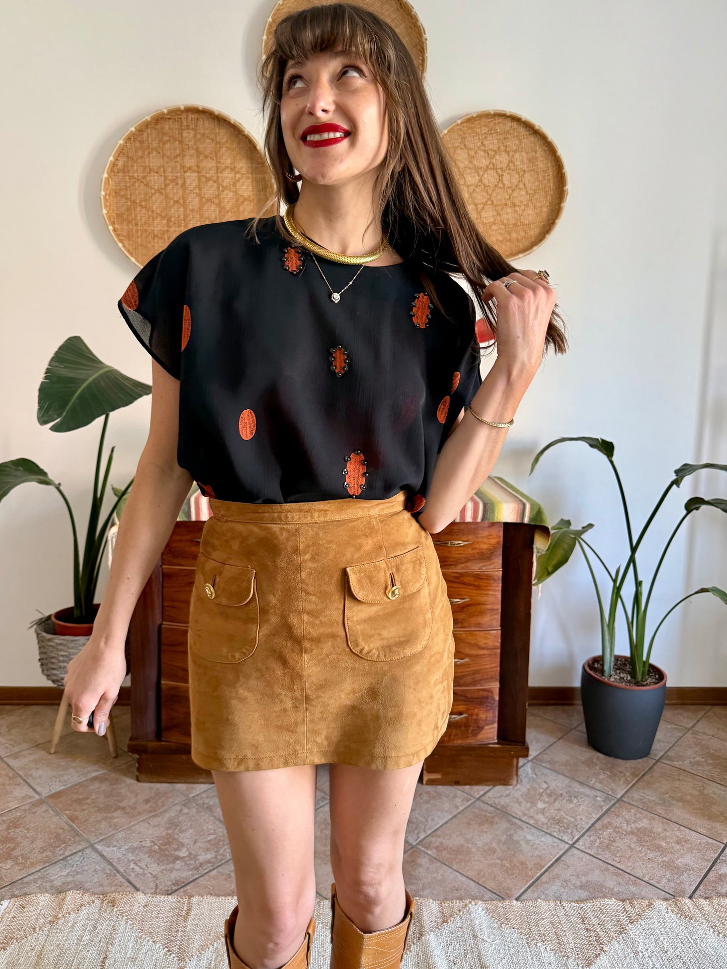 1990's vintage sheer plack and orange polka dot blouse with sequin detailing