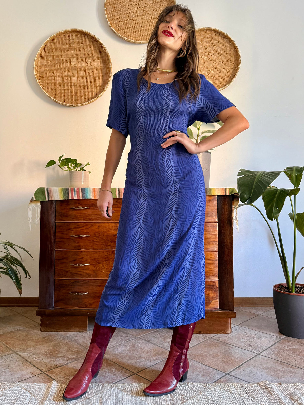1990's vintage multi tonal blue animal print maxi dress