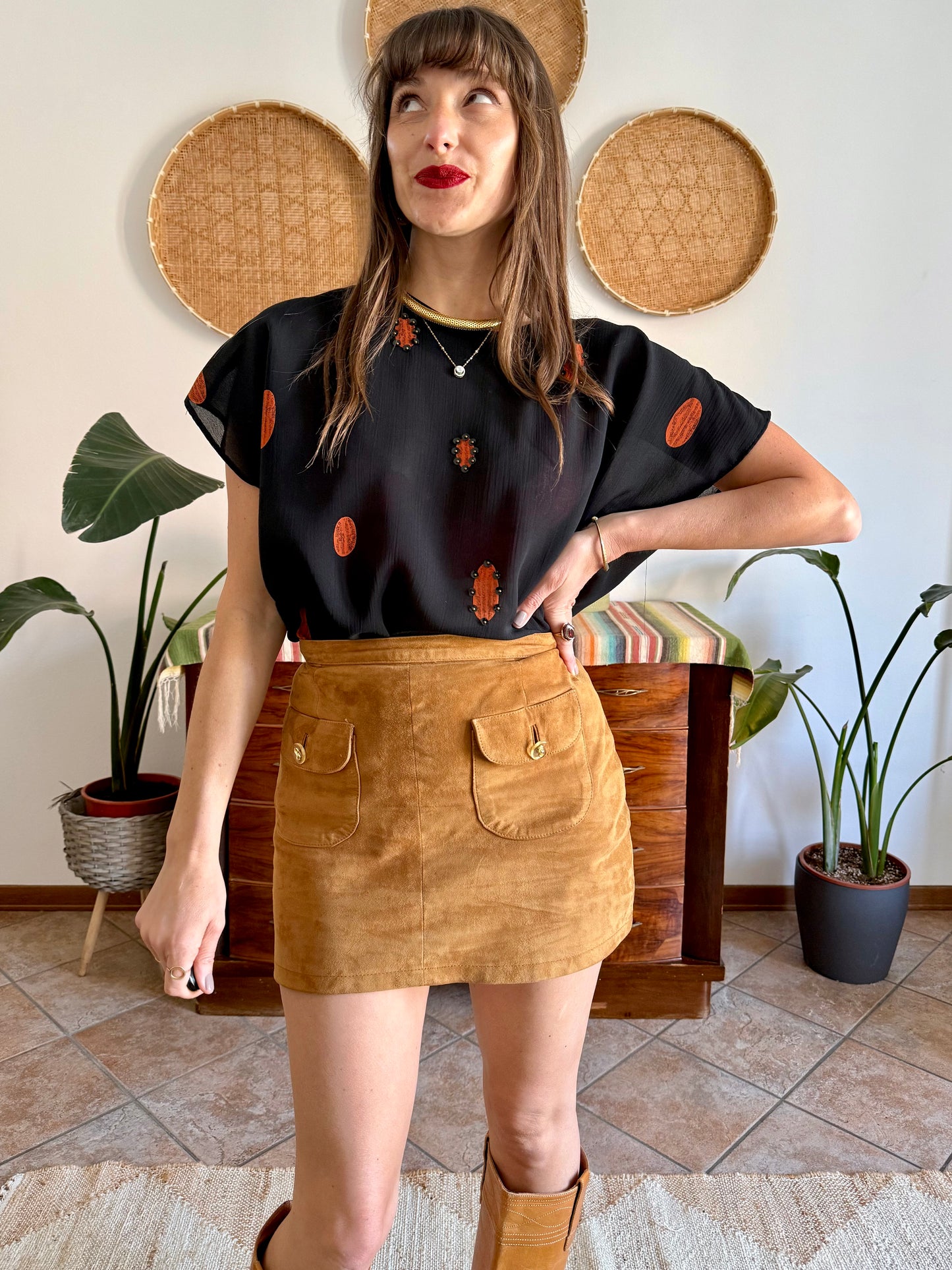 1990's vintage sheer plack and orange polka dot blouse with sequin detailing