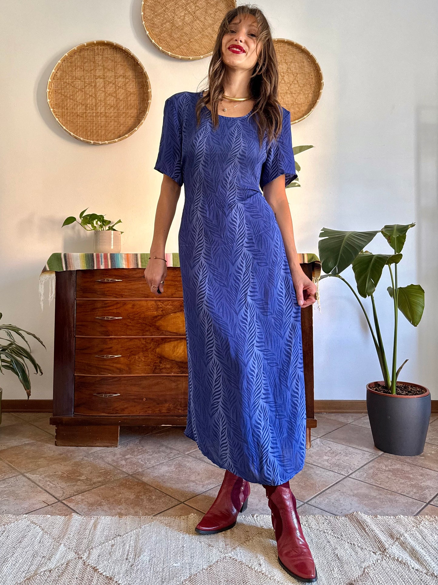 1990's vintage multi tonal blue animal print maxi dress