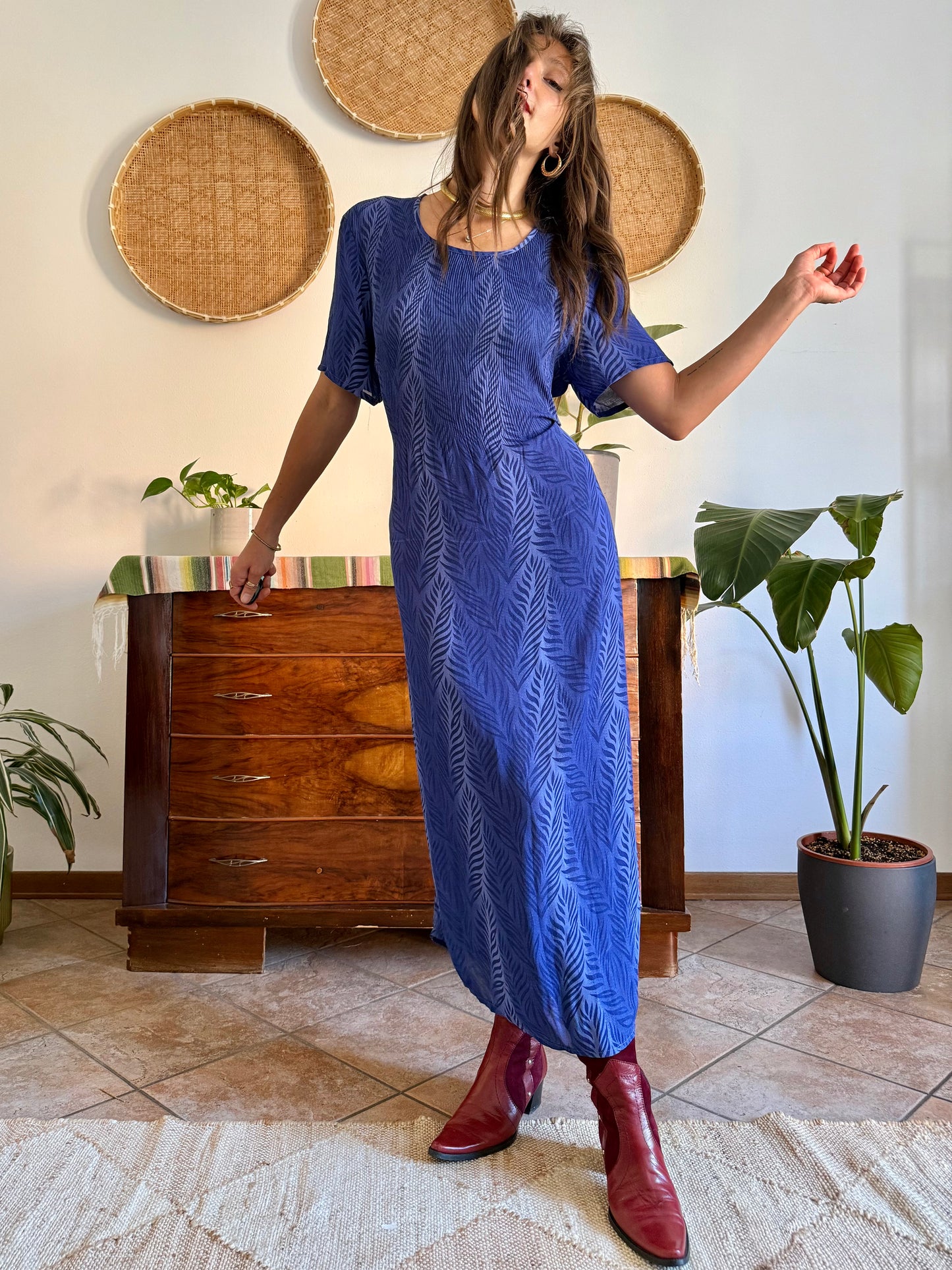 1990's vintage multi tonal blue animal print maxi dress