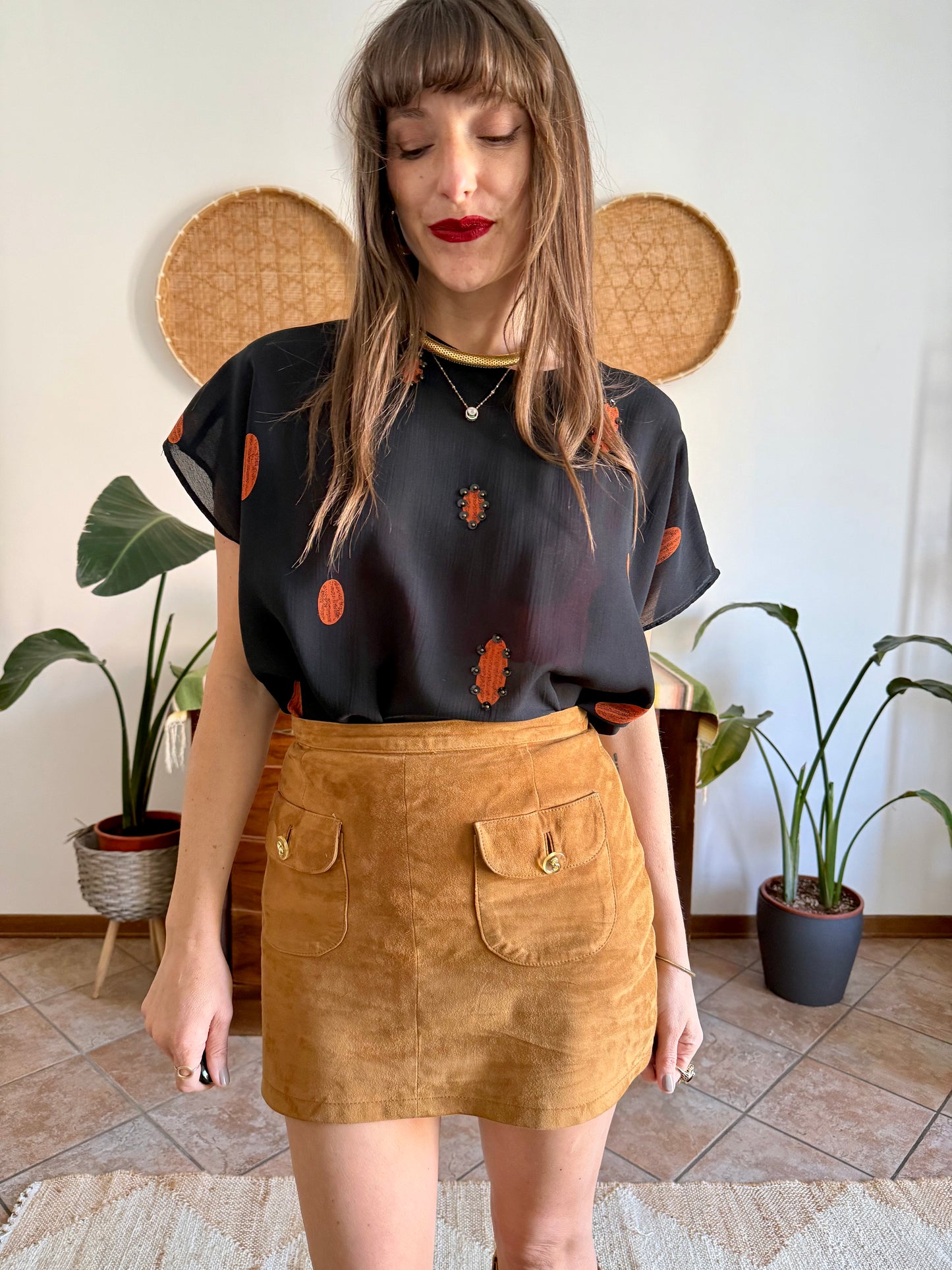 1990's vintage sheer plack and orange polka dot blouse with sequin detailing