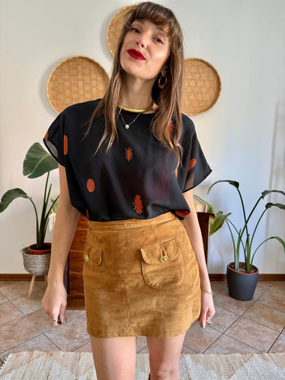 1990's vintage sheer plack and orange polka dot blouse with sequin detailing