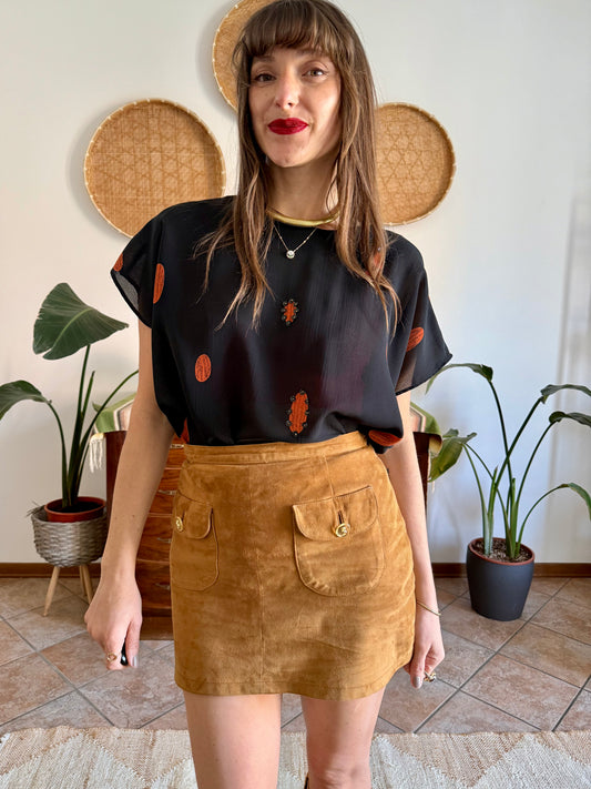 1990's vintage sheer plack and orange polka dot blouse with sequin detailing