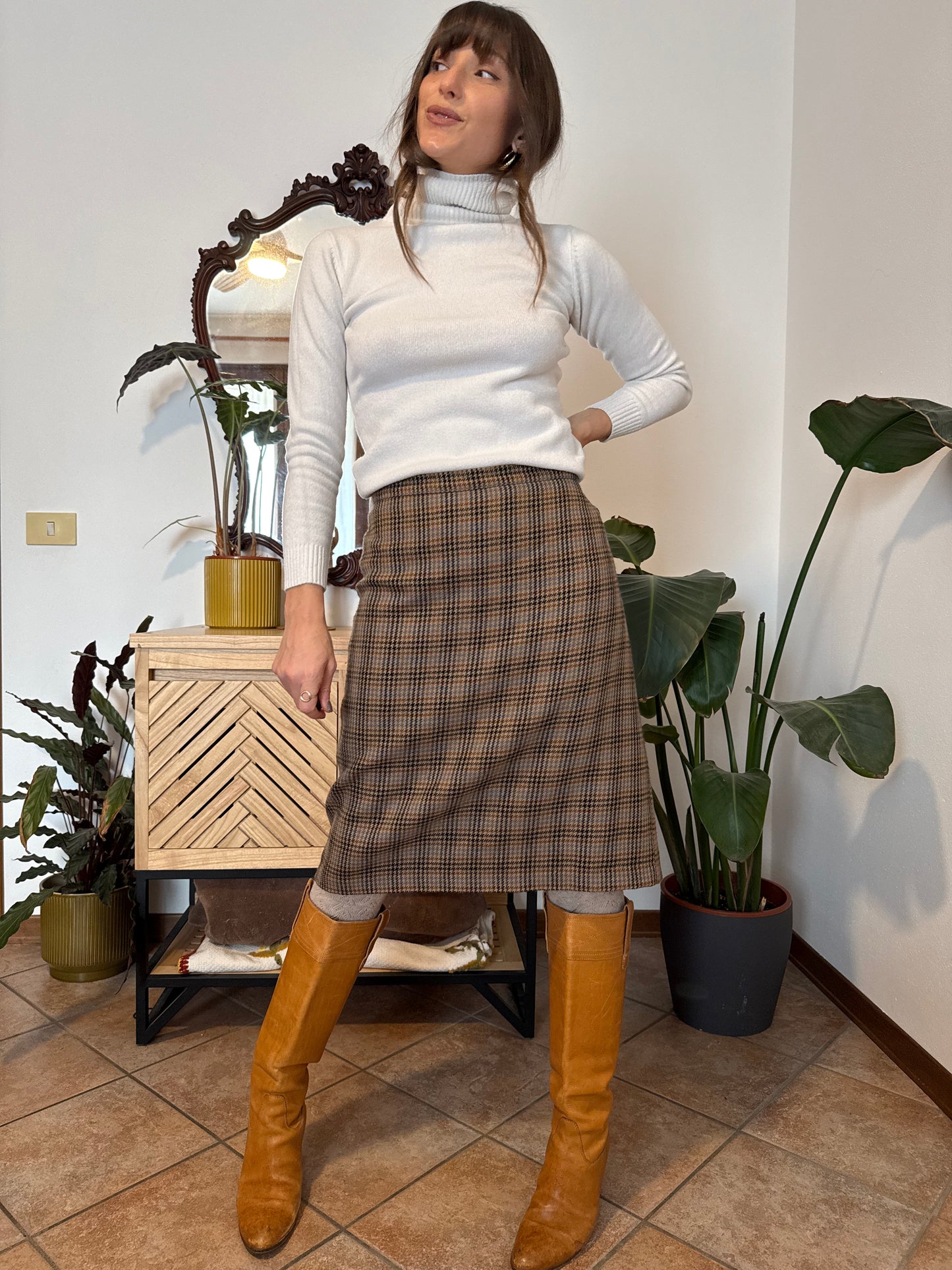 1970's vintage chocolate brown, green and blue plaid wool midi skirt