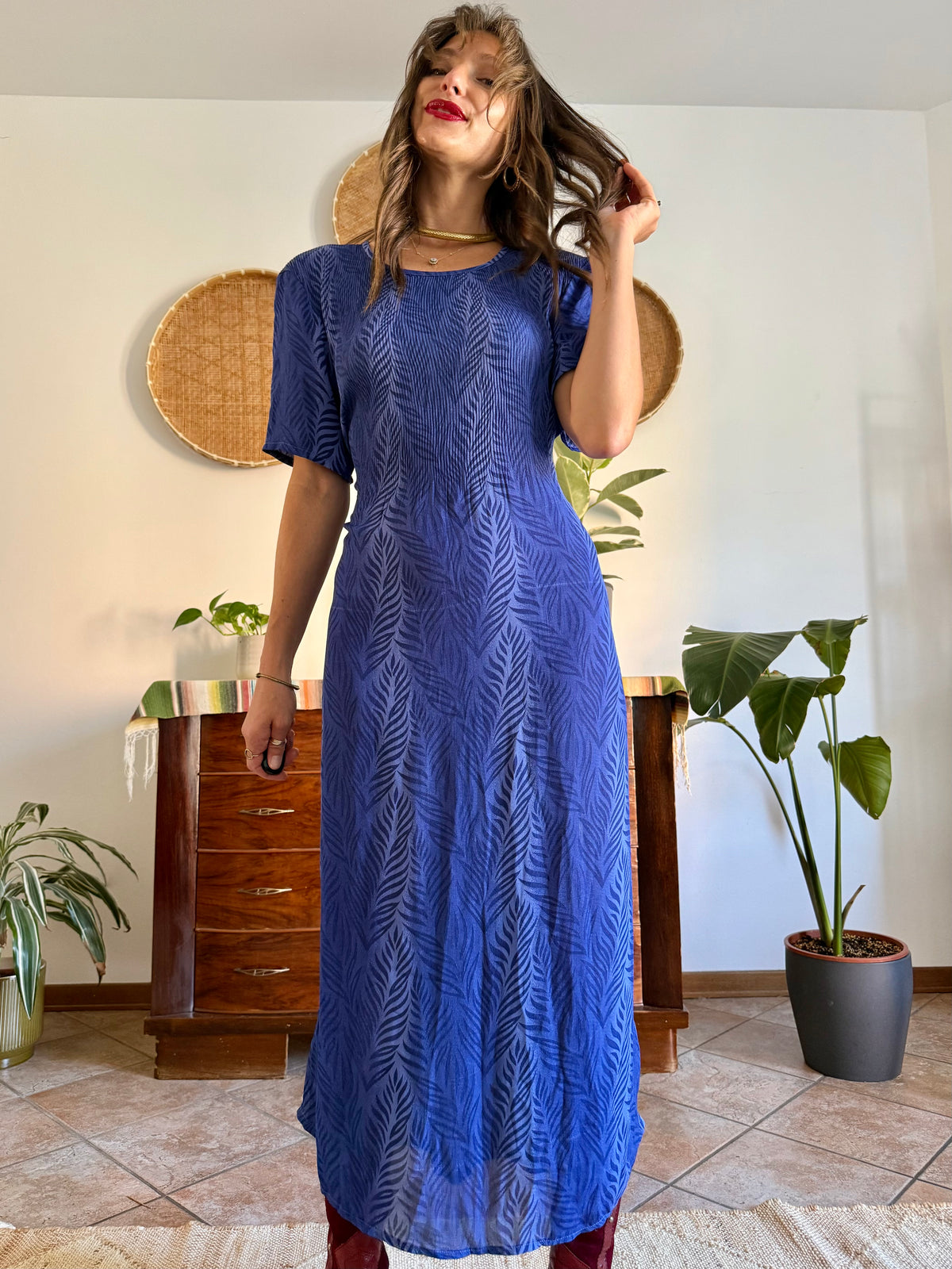 1990's vintage multi tonal blue animal print maxi dress