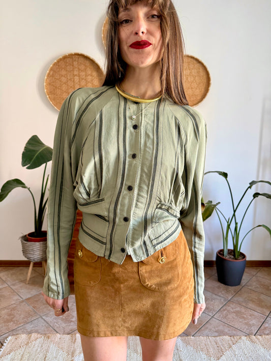1970's vintage multi tonal vertical stripe green blouse