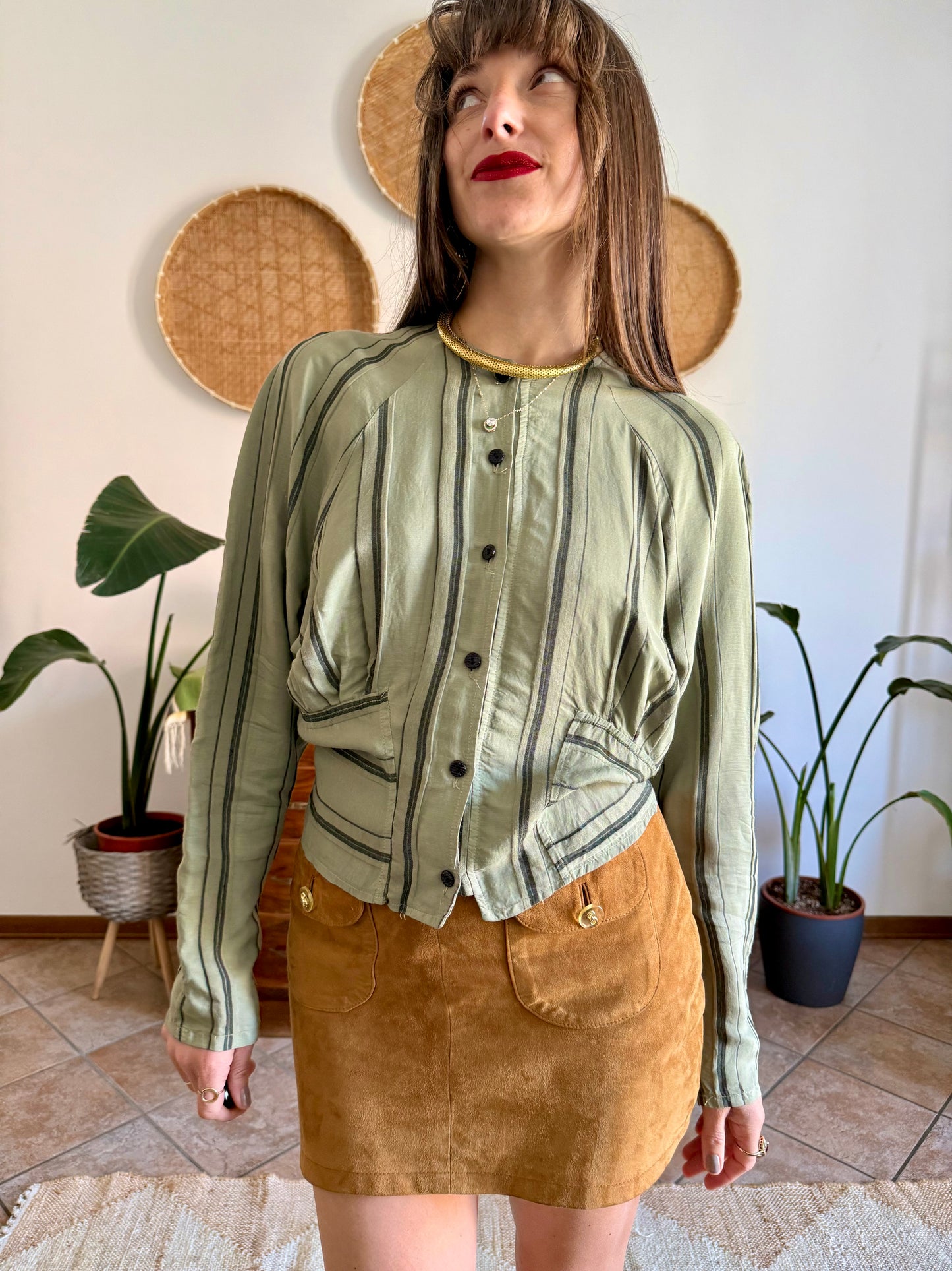 1970's vintage multi tonal vertical stripe green blouse
