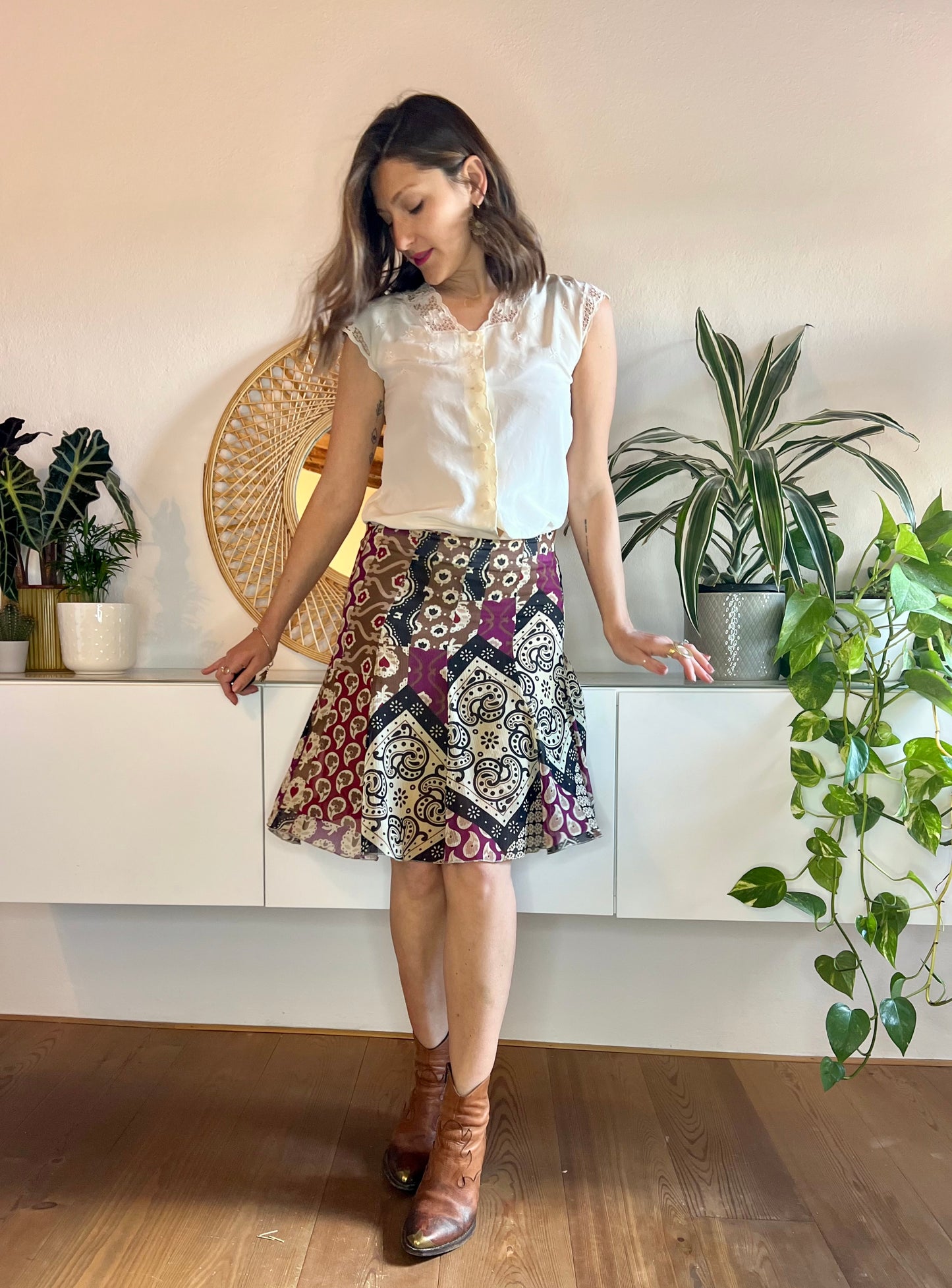 Y2K vintage purple and tan floral skirt