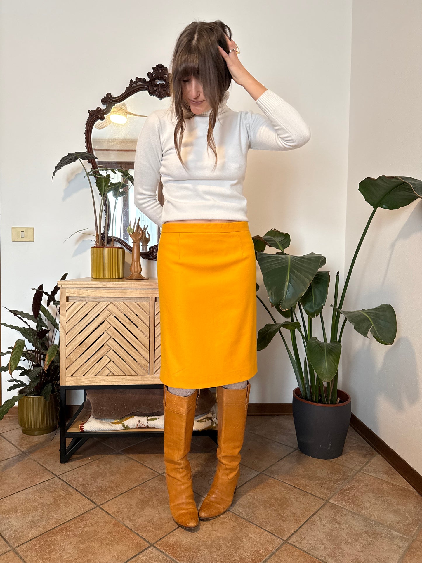 1970's vintage mustard yellow wool midi skirt