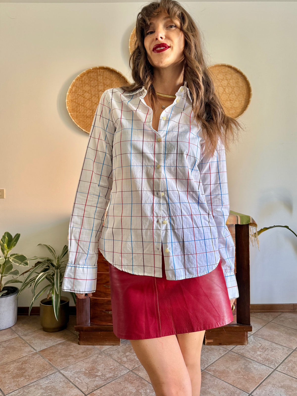 1990's vintage white shirt with red and blue plaid print