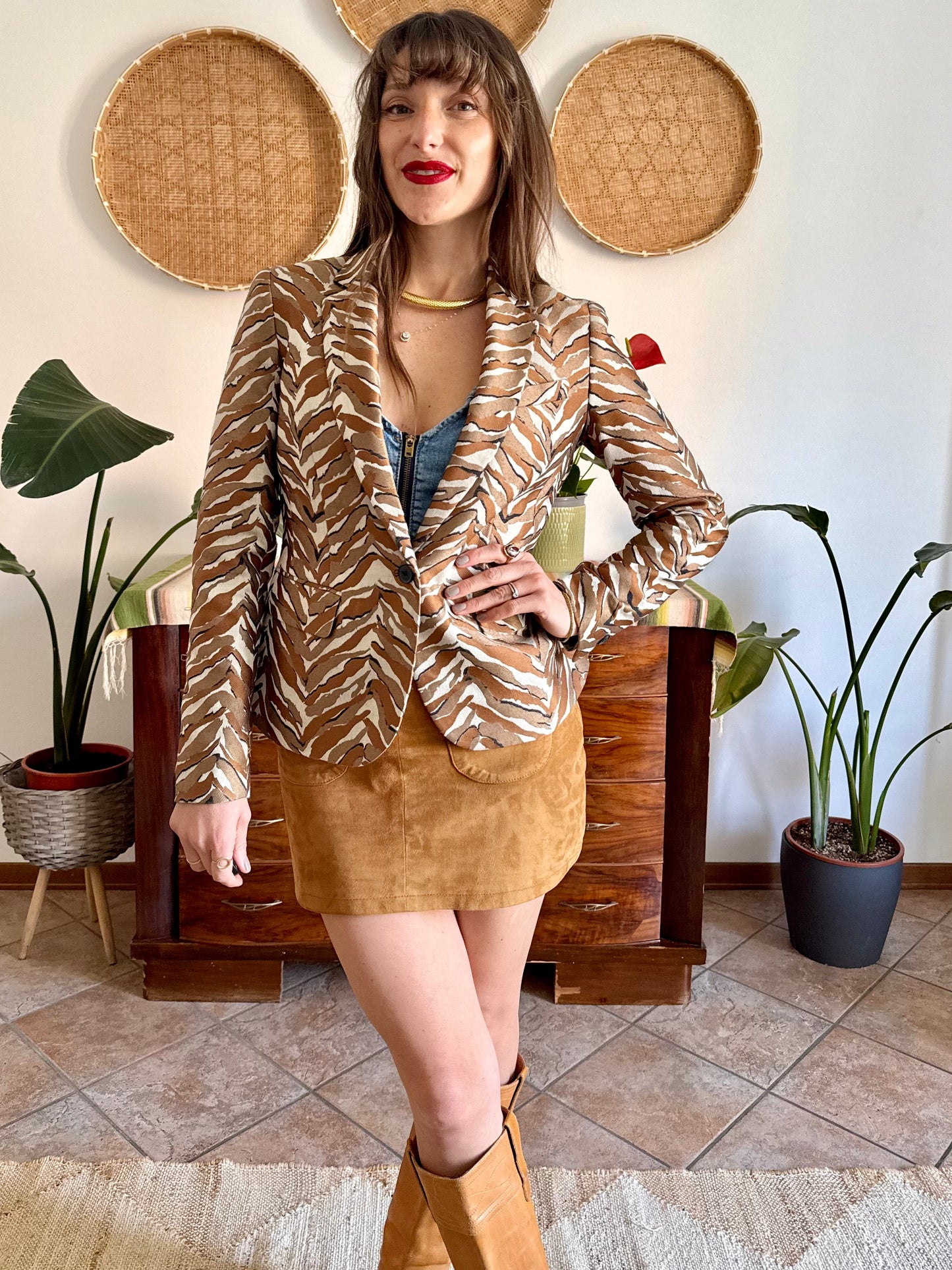 Y2k vintage brown, cream and black animal woven textured blazer