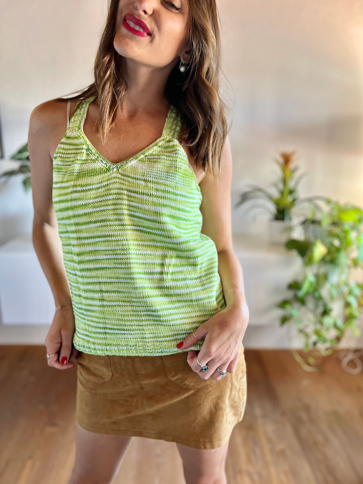 1970's vintage lime green and cream knit top