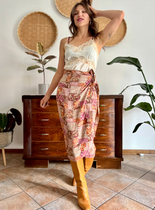 1990's vintage brown and and pink abstract geometric print silk wrap midi skirt