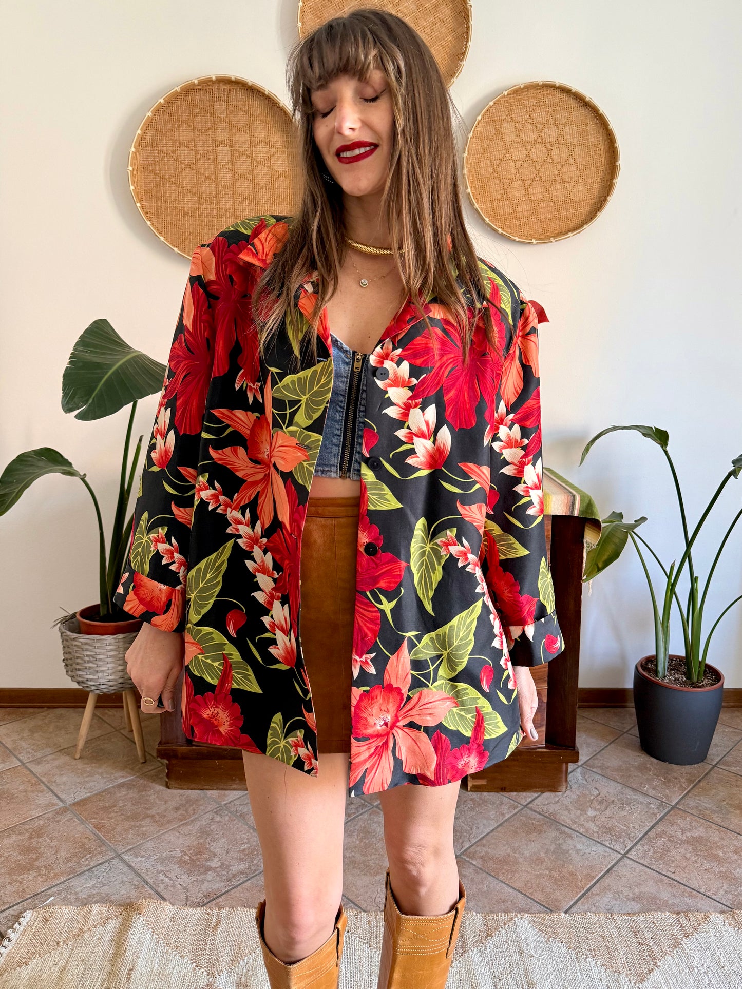 1990's vintage red, green and black silk floral jacket