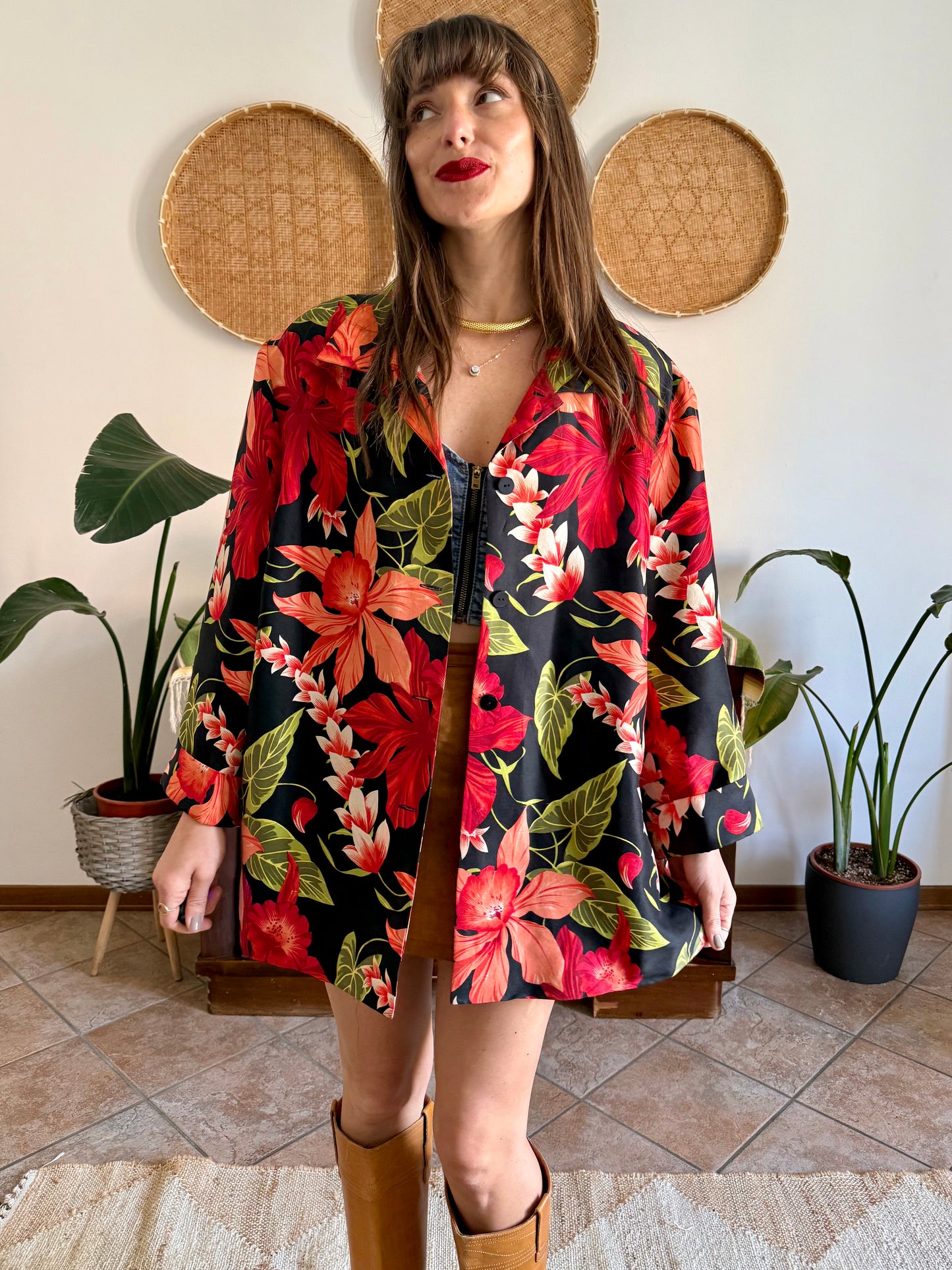 1990's vintage red, green and black silk floral jacket