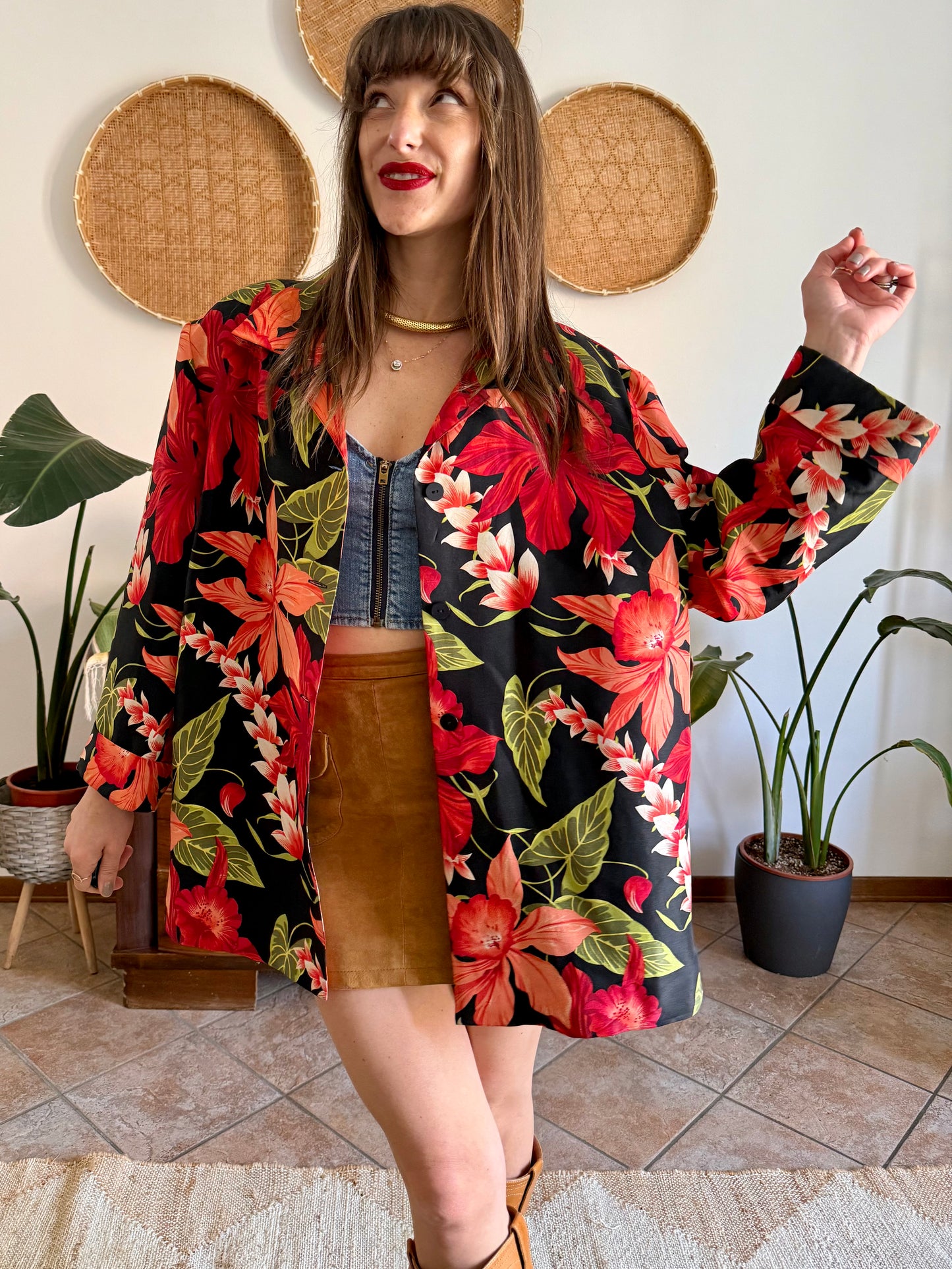 1990's vintage red, green and black silk floral jacket