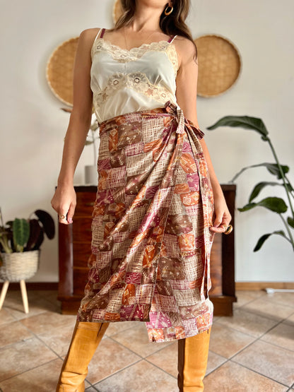 1990's vintage brown and and pink abstract geometric print silk wrap midi skirt