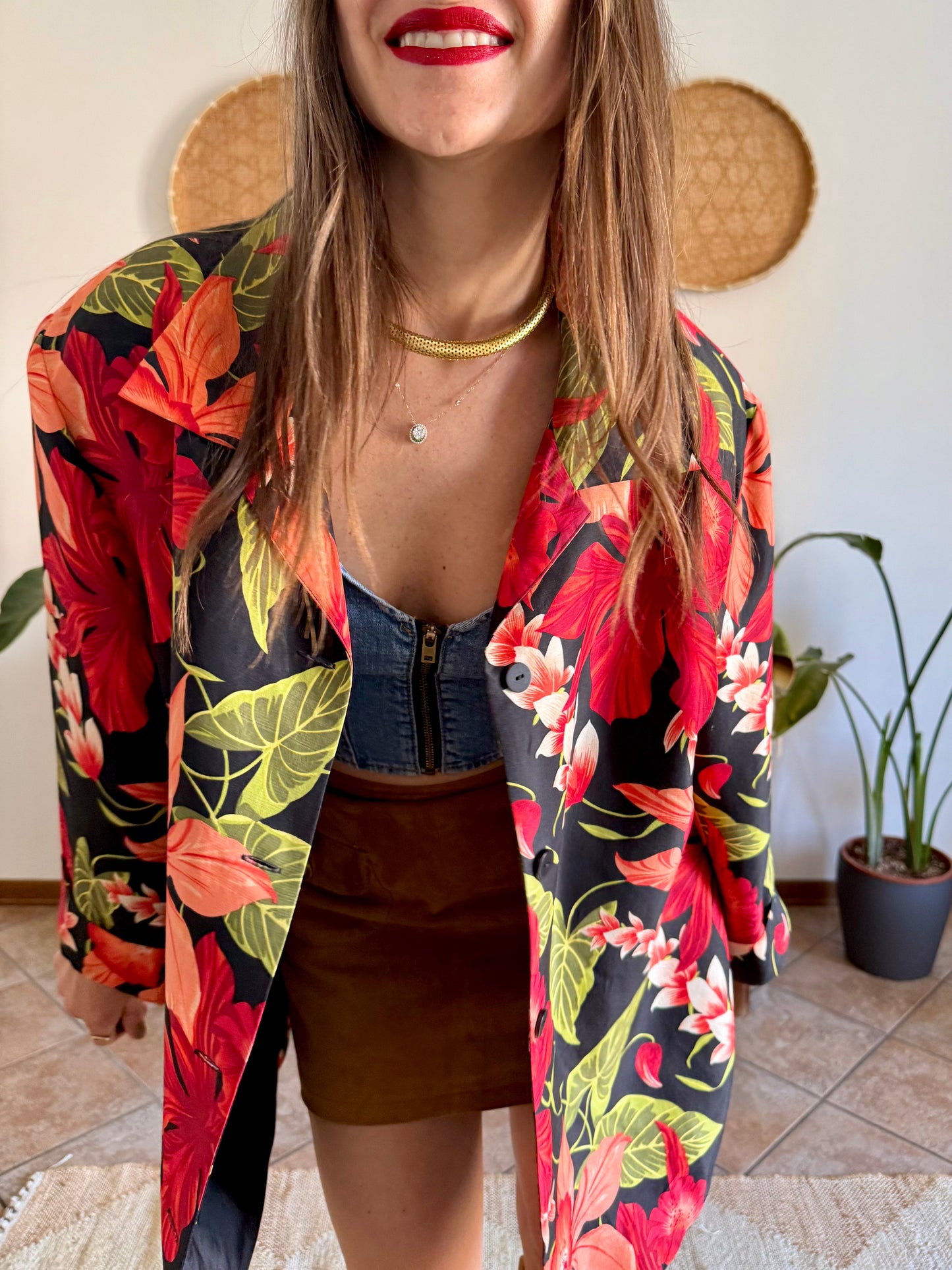 1990's vintage red, green and black silk floral jacket