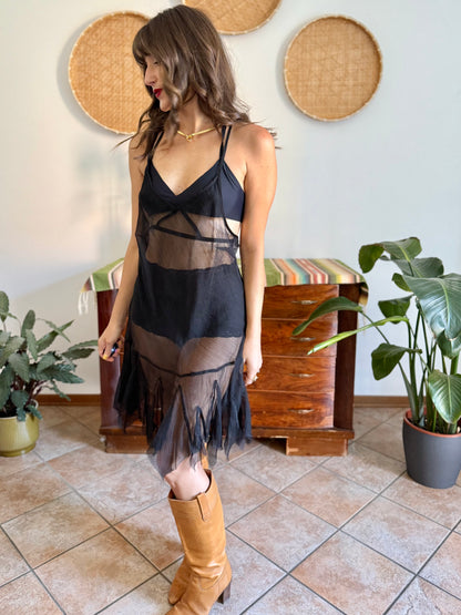 1990's vintage sheer black ruffle hem mini dress