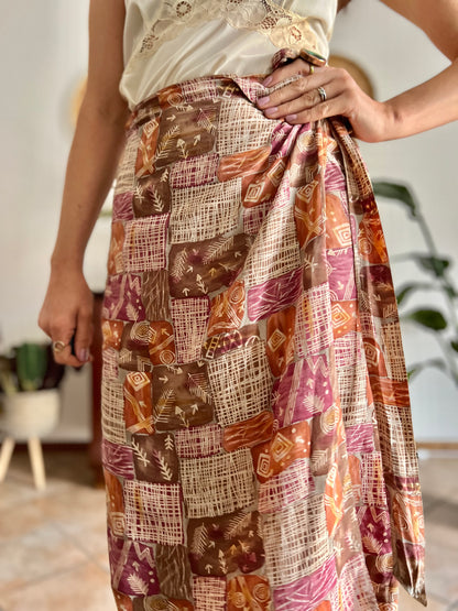 1990's vintage brown and and pink abstract geometric print silk wrap midi skirt