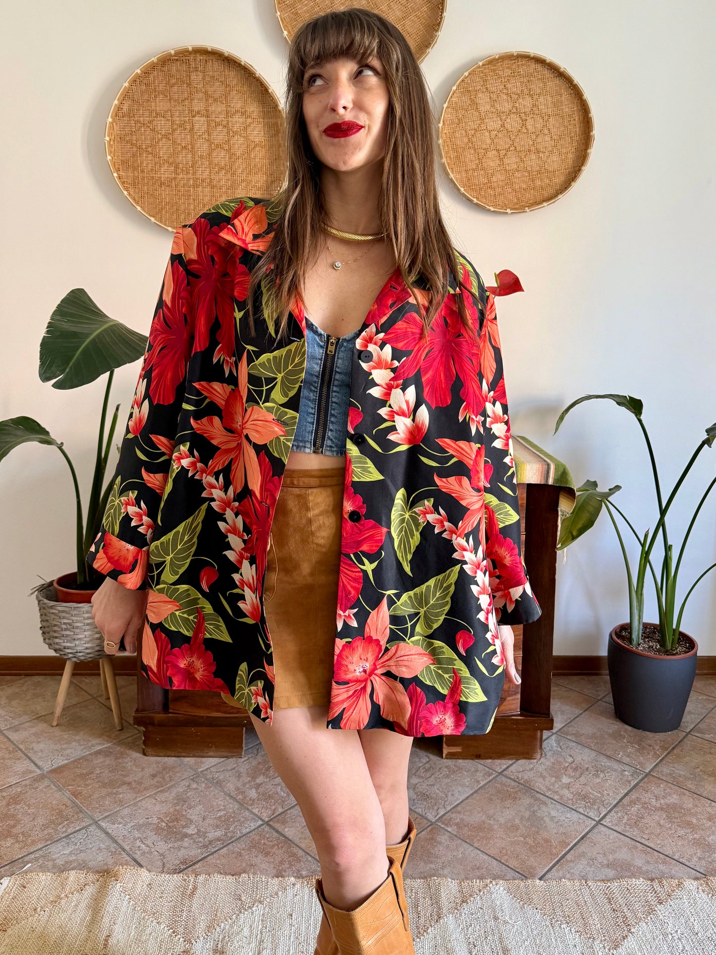 1990's vintage red, green and black silk floral jacket