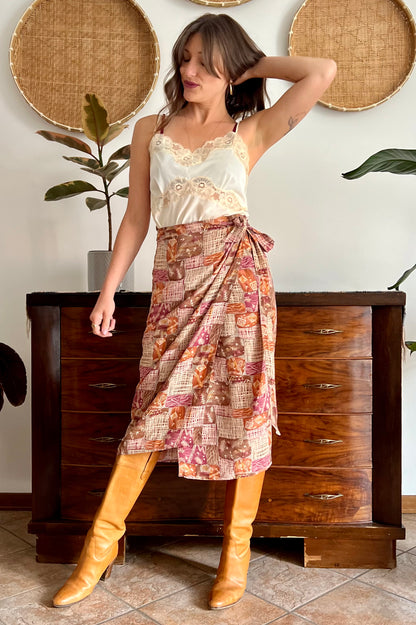 1990's vintage brown and and pink abstract geometric print silk wrap midi skirt