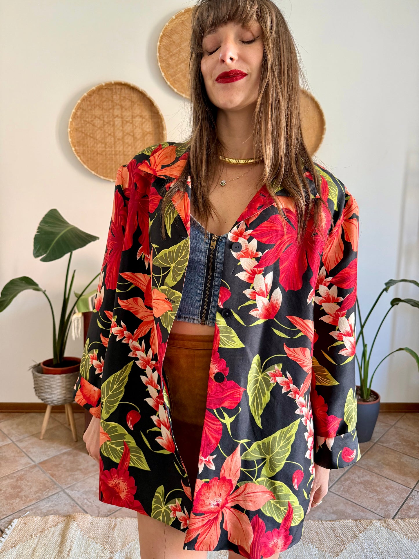 1990's vintage red, green and black silk floral jacket