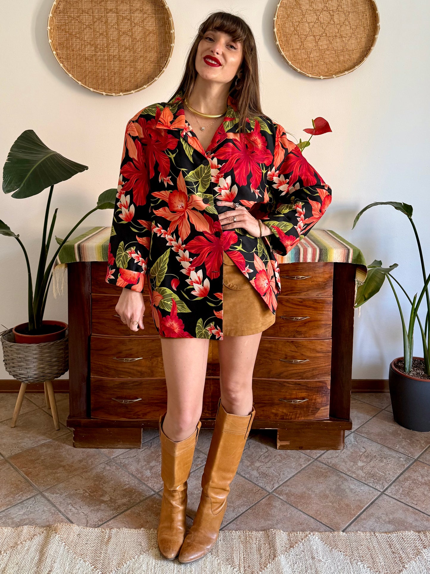 1990's vintage red, green and black silk floral jacket