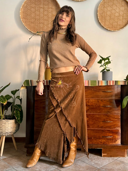 1970's vintage tan crushed velvet western maxi skirt with floral embroidery