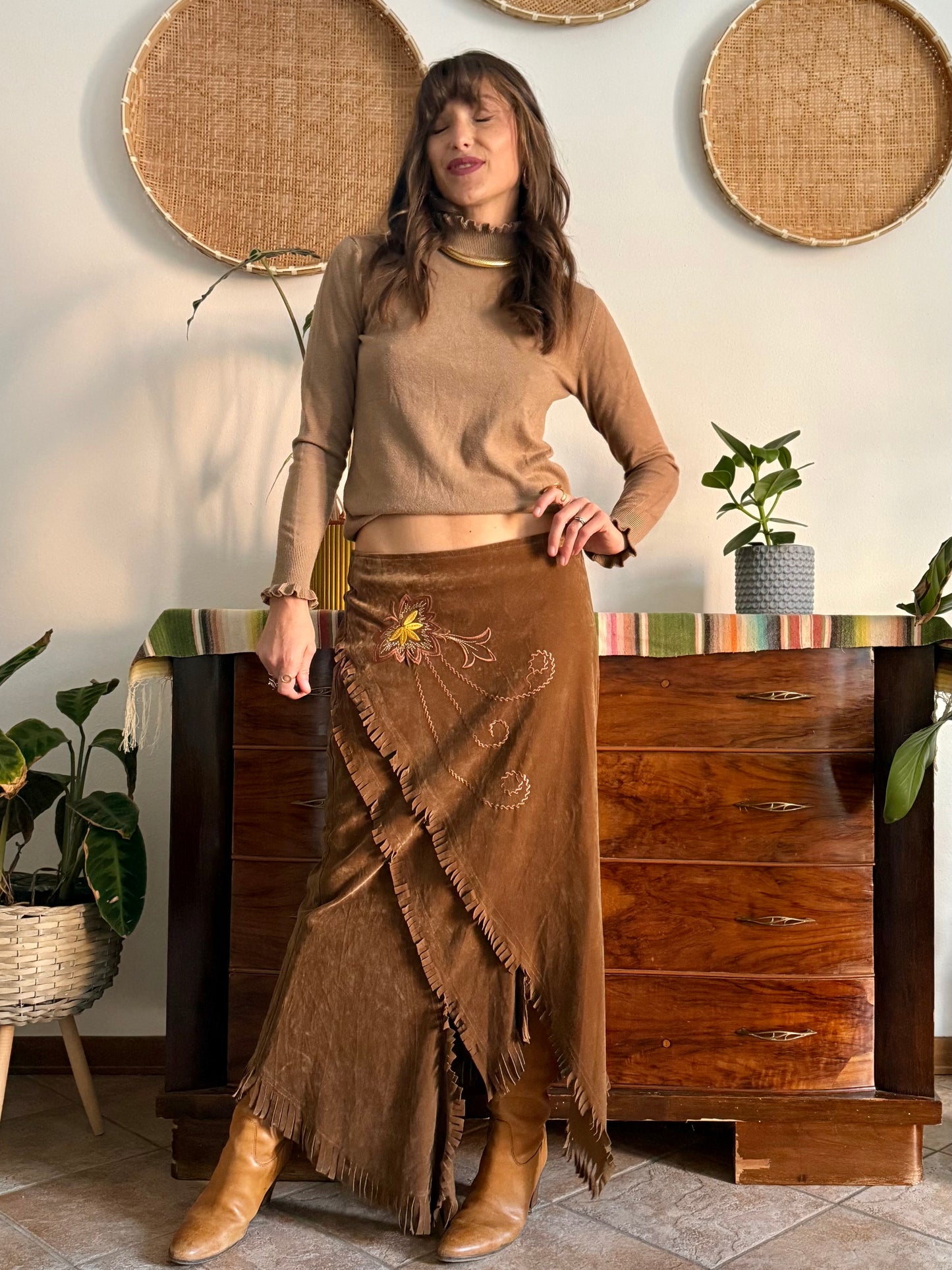1970's vintage tan crushed velvet western maxi skirt with floral embroidery