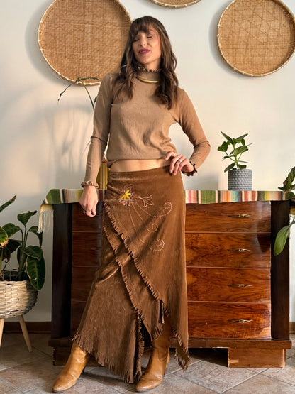 1970's vintage tan crushed velvet western maxi skirt with floral embroidery