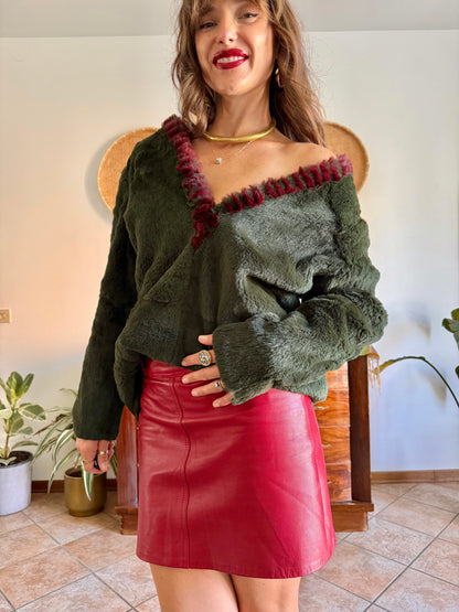 1970's vintage dark green and burgundy fur textured pullover
