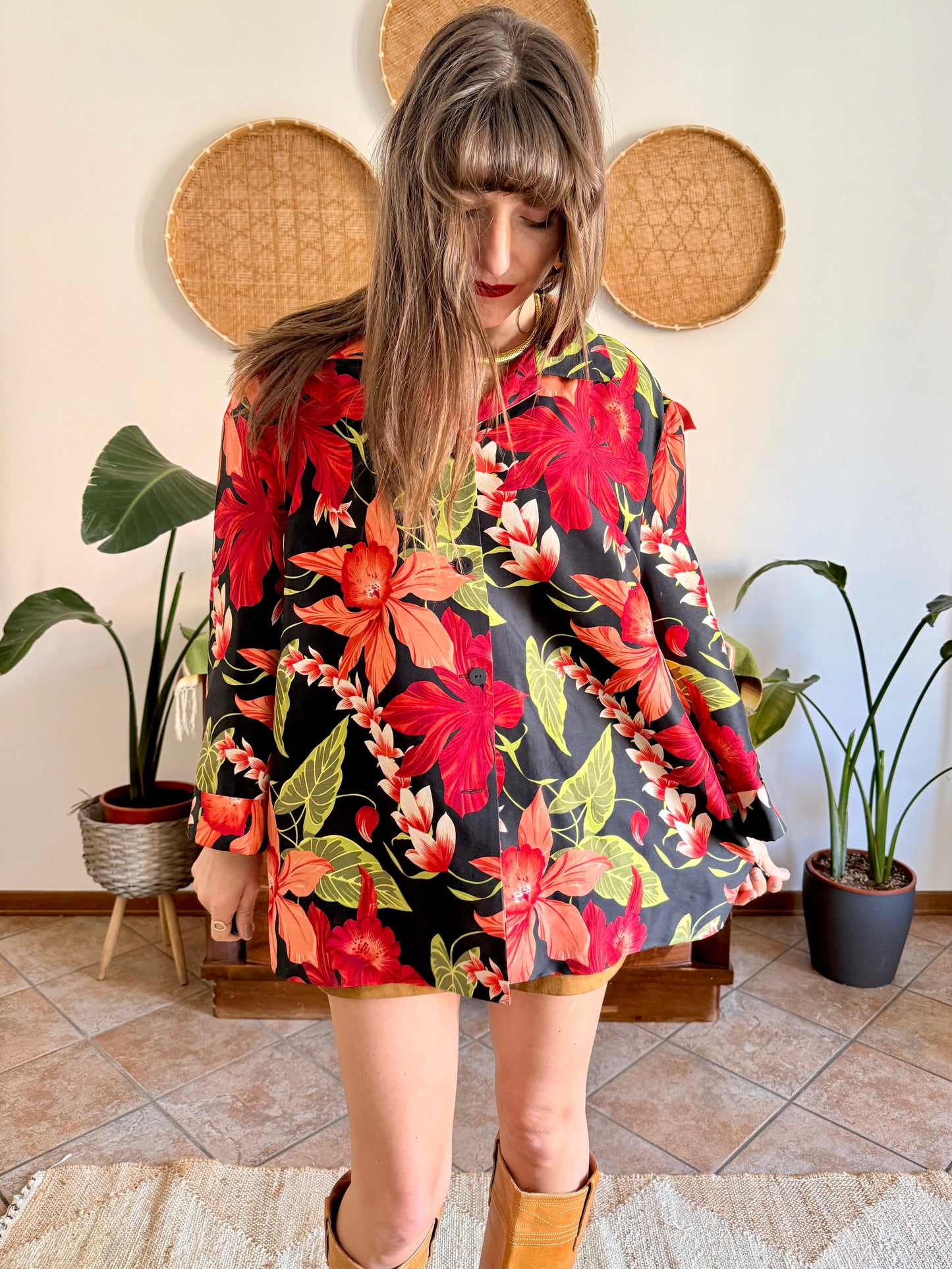 1990's vintage red, green and black silk floral jacket