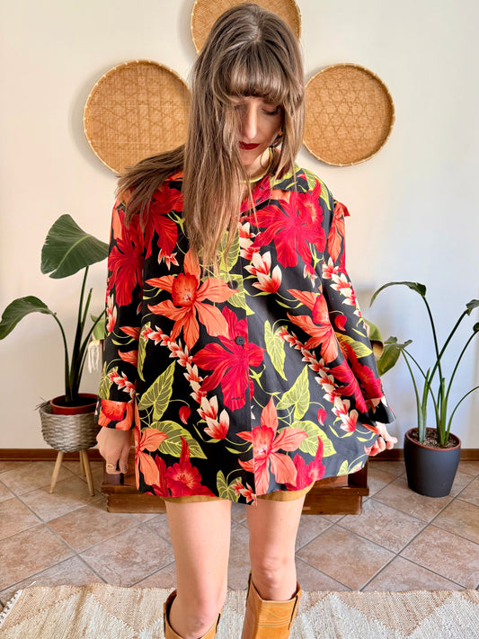 1990's vintage red, green and black silk floral jacket