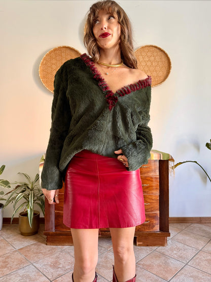 1970's vintage dark green and burgundy fur textured pullover