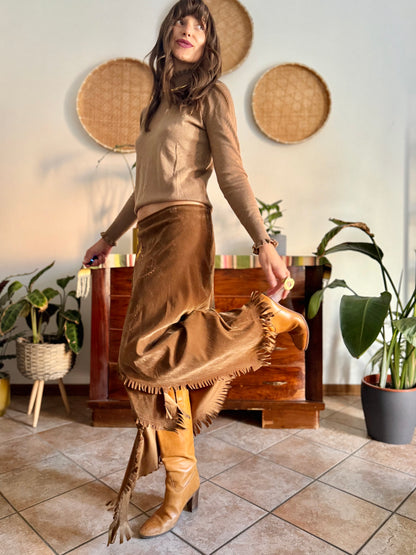 1970's vintage tan crushed velvet western maxi skirt with floral embroidery