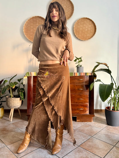 1970's vintage tan crushed velvet western maxi skirt with floral embroidery