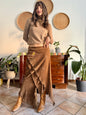 1970's vintage tan crushed velvet western maxi skirt with floral embroidery